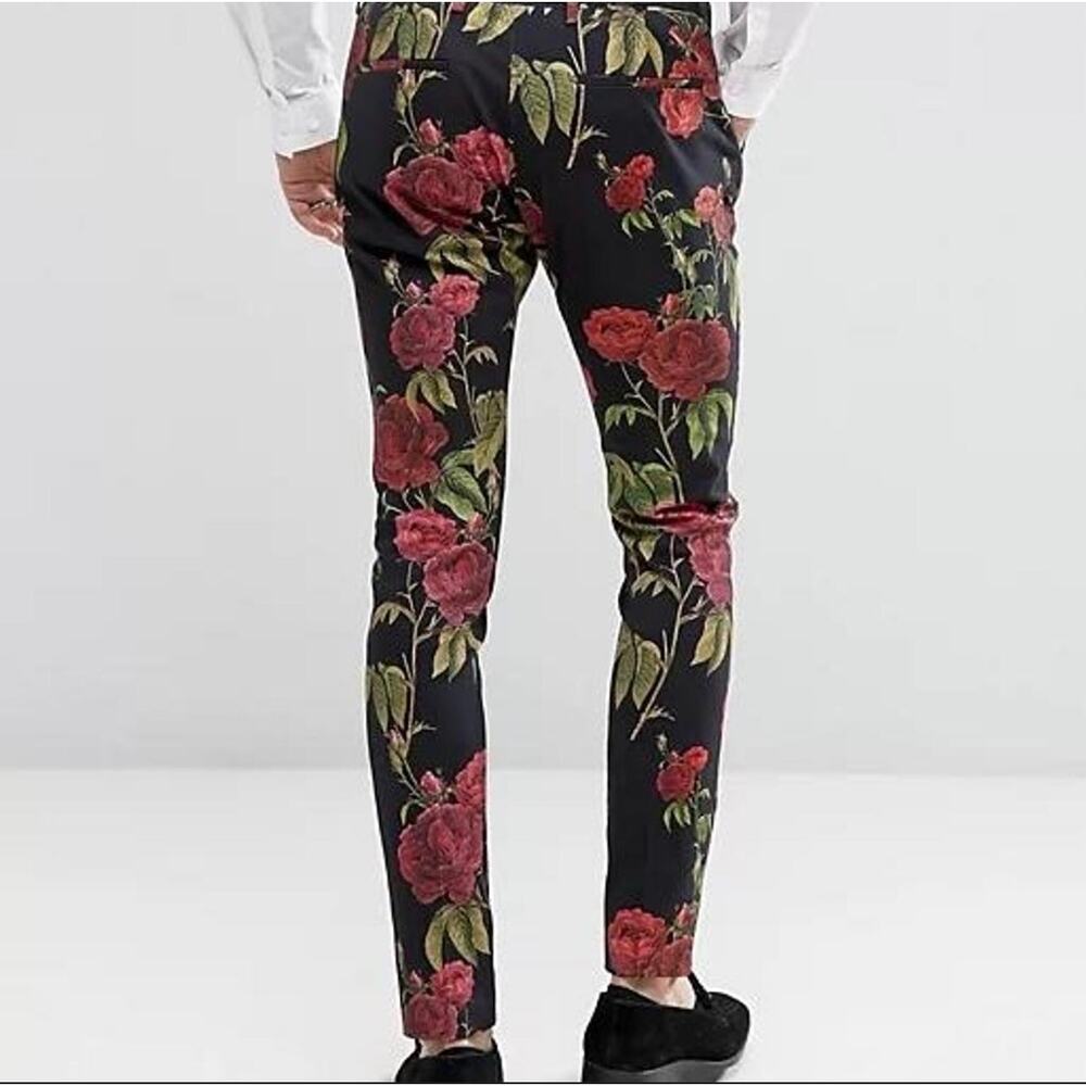 Floral Print Pants Rose Pattern Statement Trousers Super Skinny - Picture 2 of 11